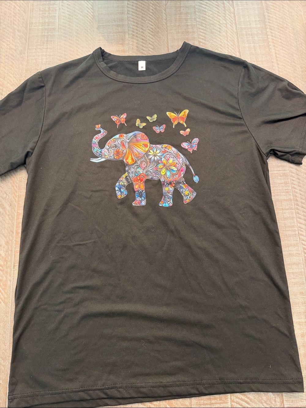 Womens Black Tee with Colorful Elephant & Butterflies-NEW